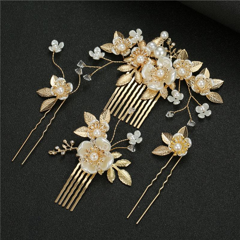 4PCS Gold Flower Leaf Bridal U-shaped Pearl Hair Pins Headpieces Hair Accessories Weddingfor Brides Bridesmaids Women Girls