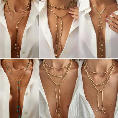 Light Luxury Shiny Cbb Imitation Pearl Beaded Long Necklace, Personalized Metal Disc Fringed Necklace For Women