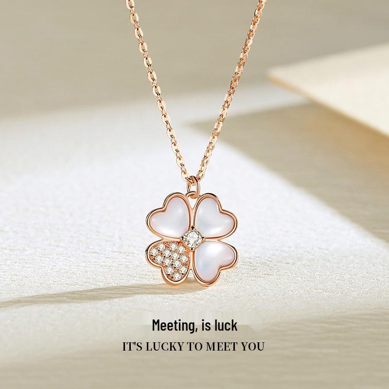 

Sterling Silver Four-Leaf Clover Necklace with Mother-of-Pearl Clavicle Chain - Fresh 2023 Style for Women S925 Silver белого золота