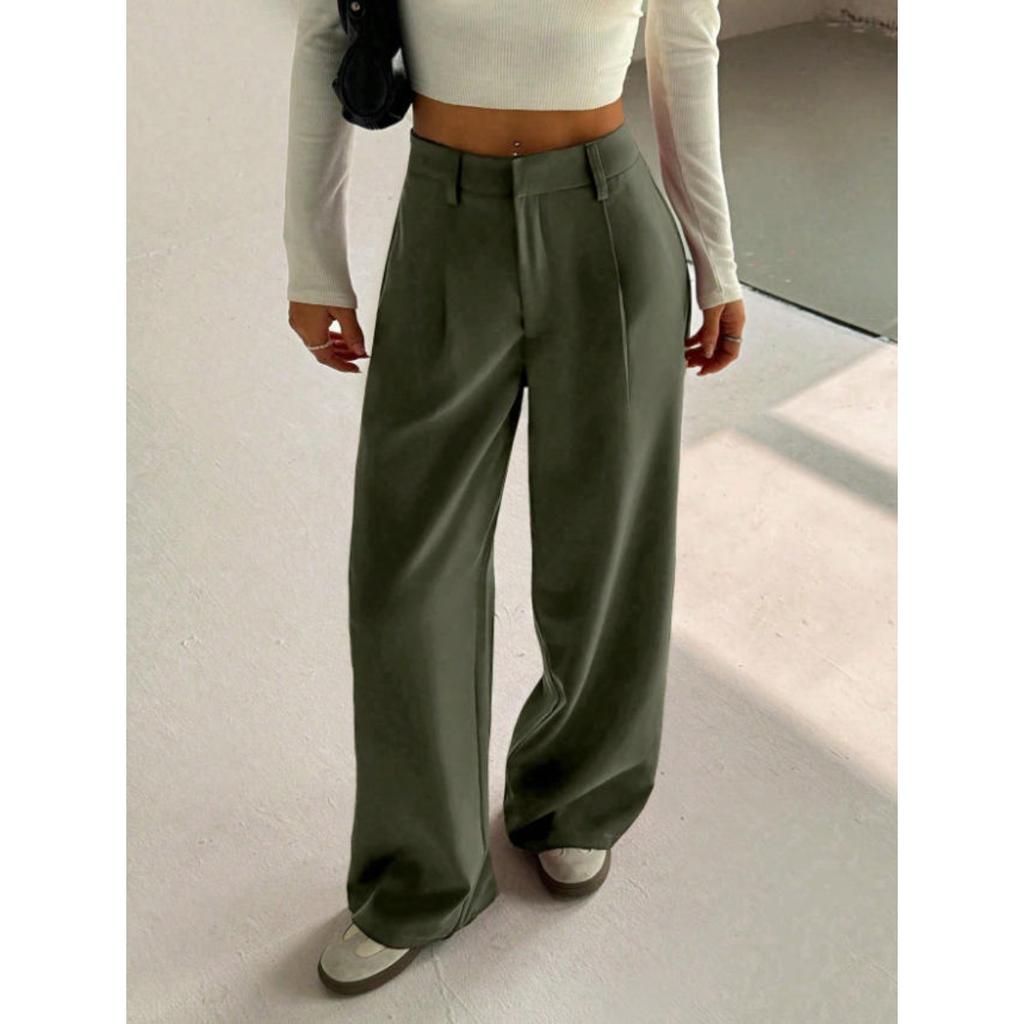 Women's High Waist Wide Leg Suit Pants Loose Fit Pleated Straight Leg Floor Length Trousers