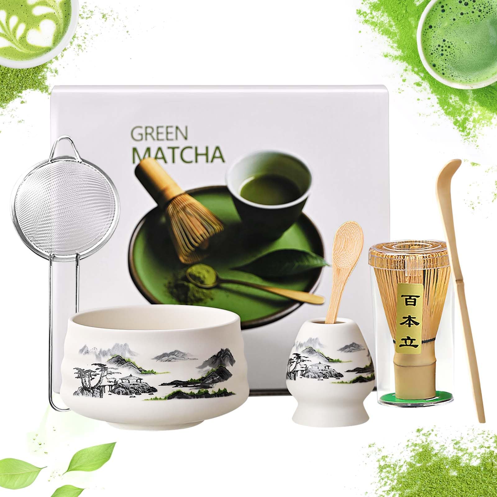 

Matcha Tea Ceremony Set Including Tea and Chashaku Tea for Beginners and White Set, 6-Piece Bowl, Chawan, (Traditional Utensils), (Black Landscape)