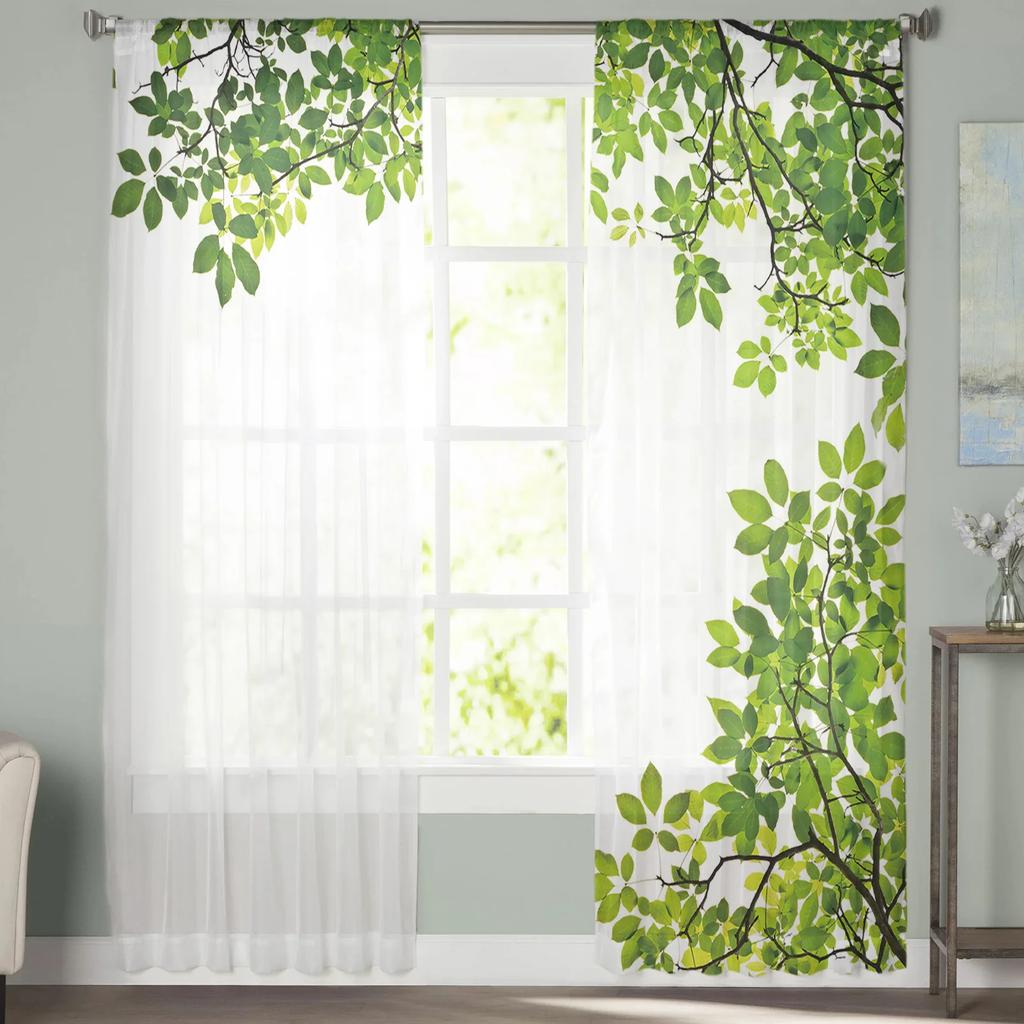 Light Filtering Green Branches Plant Leaves Tulle Curtains Living Room Bedroom Decoration Transparent Chiffon Voile Window Curtain Polyester Washable
