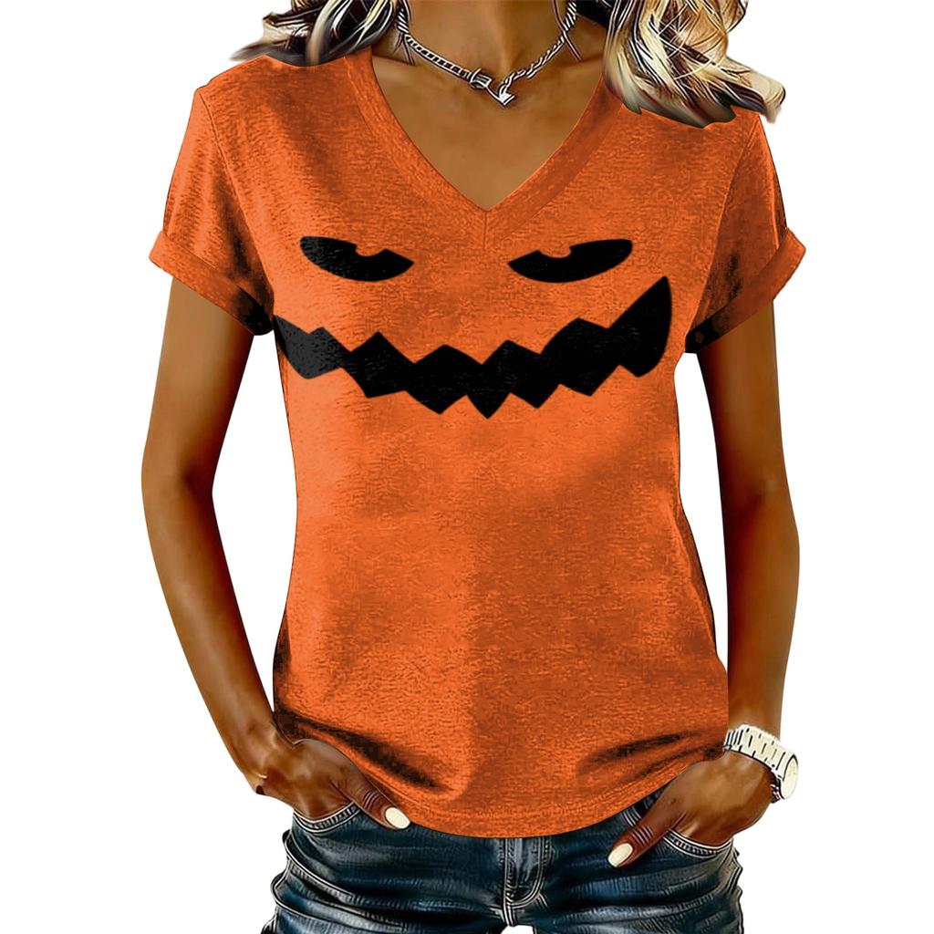 Maglione casual da donna a maniche corte con scollo a V e stampa di Halloween