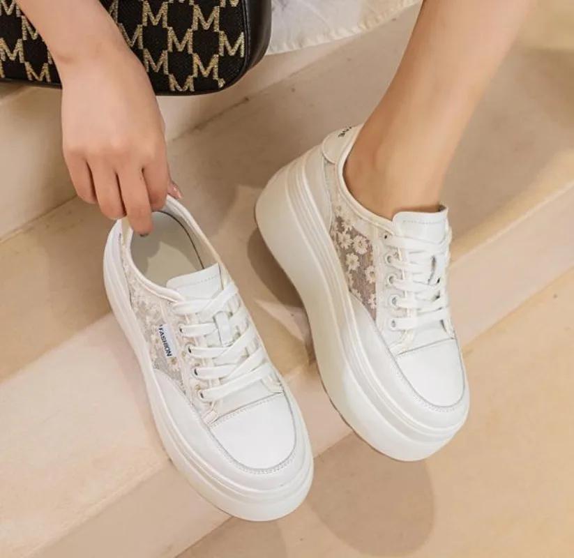 Fashion Hot sale 8cm Air Mesh Genuine Leather Embroider Women Breathable Hollow Chunky Sneaker Platform Wedge Flats Shoes Summer Sandals