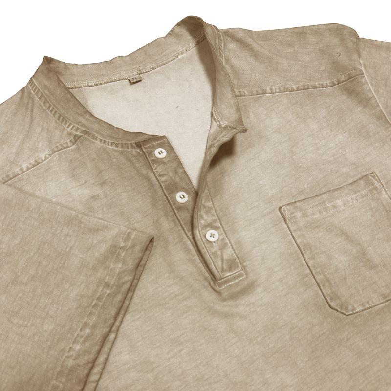 Men Black Washed Henley Neck Short Sleeve Chest Pocket Casual T Shirt