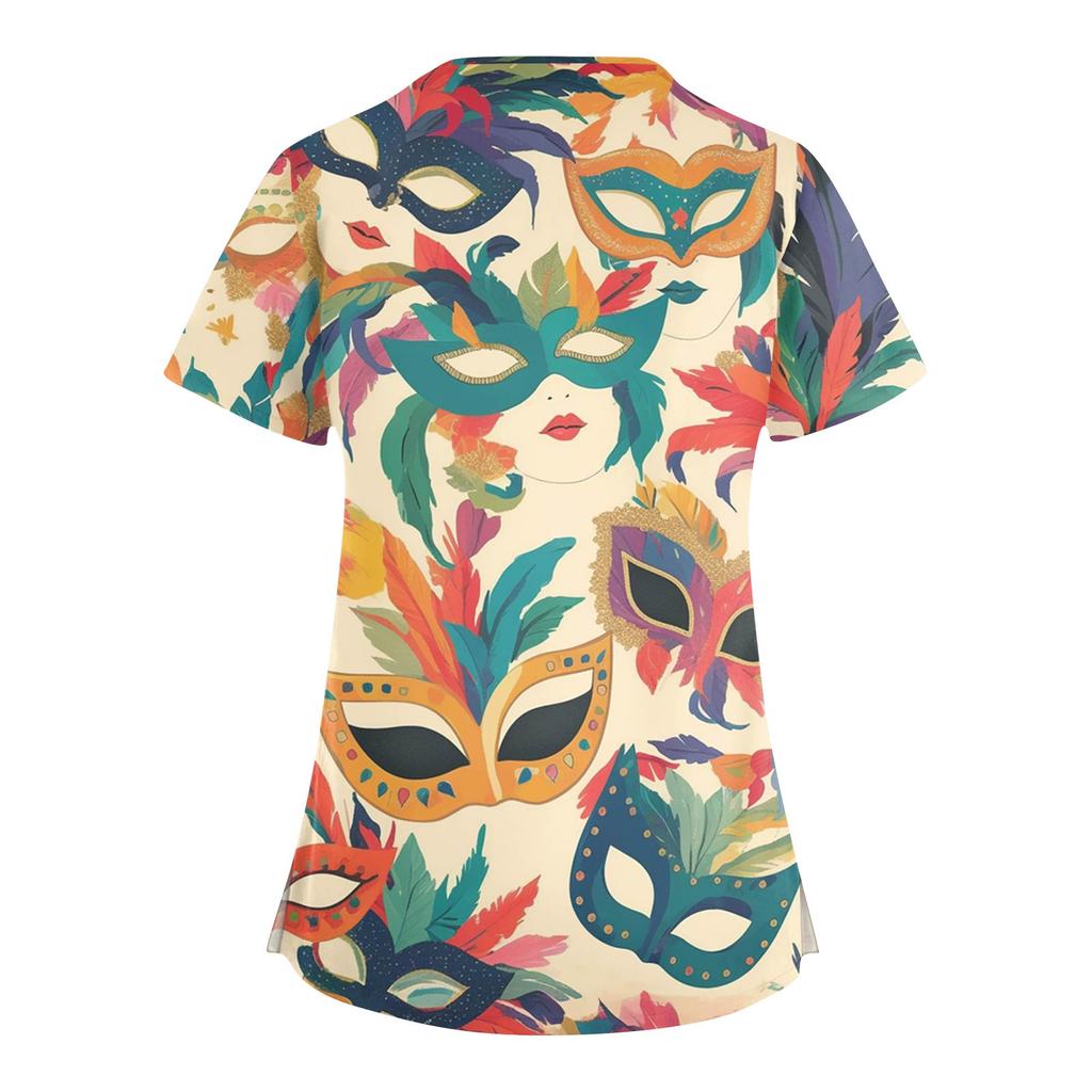 Women's Fashion V-Neck Short-Sleeved Workwear With Pockets Carnival Print Top Caregiver Uniform