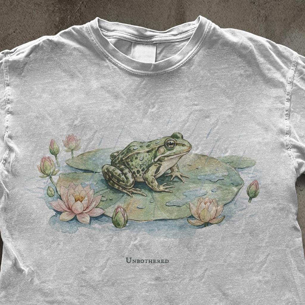Unbothered Frog Watercolor T-Shirt, Cottagecore Lily Pad Tee