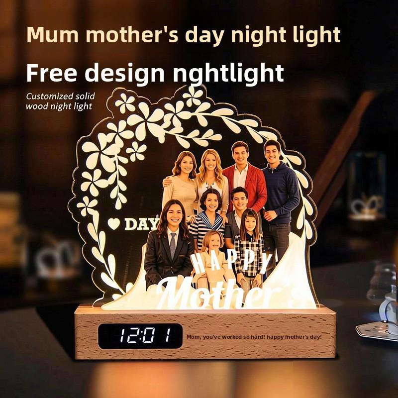 Photo Acrylic Night Light Custom Picture LED Lamp with Wooden Base for Mother's Day Father's Day Birthday Gifts Home Decor