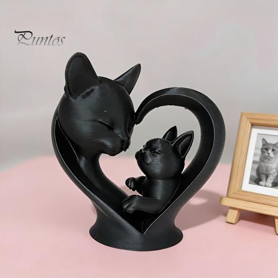 Cute Cat Home Decoration Mother Baby Figurine, 3D Printed Heart Sculpture for Desk Decor, Smooth Surface Statue Modern Art Living Room Study,