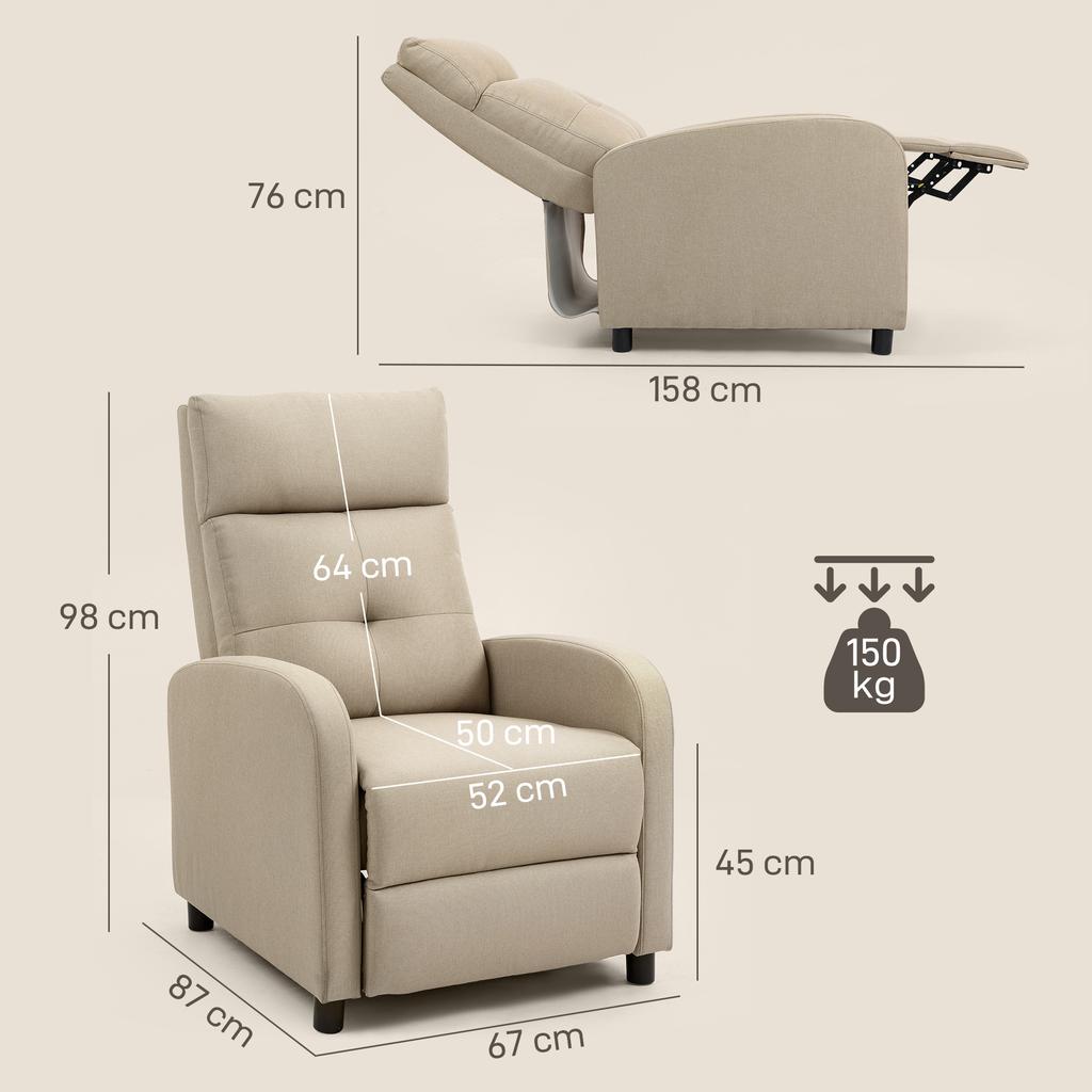 Recliner with Reclining Function, Extendable Footrest, Pocket Spring Core, up to 150 kg, Beige