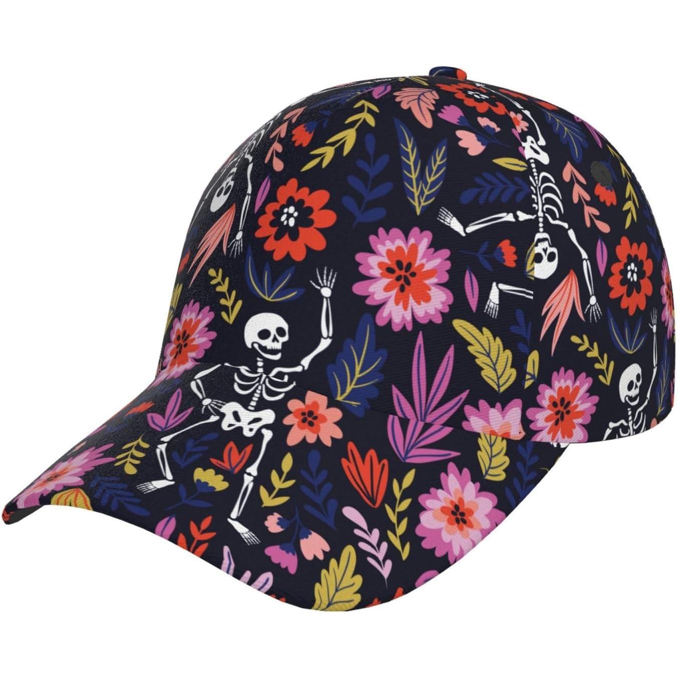 

Dancing Skeletons Floral Garden Print Baseball Cap Adjustable Golf Dad Hat Trucker Hat for Curved Brim Snapback Cap Black One Size