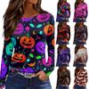 Women's Fashion Long Sleeve Top Crew Neck Halloween Print Split Hem Casual Shirt Lightweight Comfortable Fit