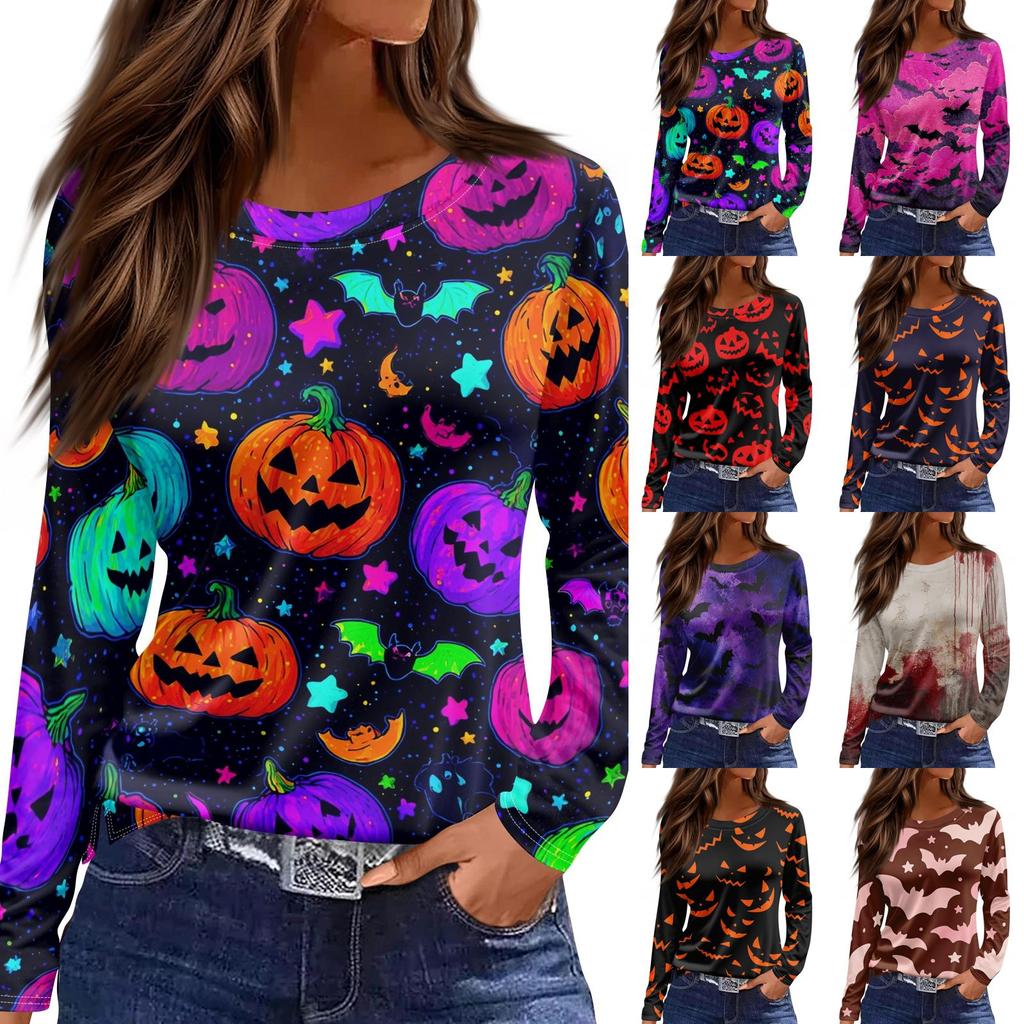 Women's Fashion Long Sleeve Top Crew Neck Halloween Print Split Hem Casual Shirt Lightweight Comfortable Fit