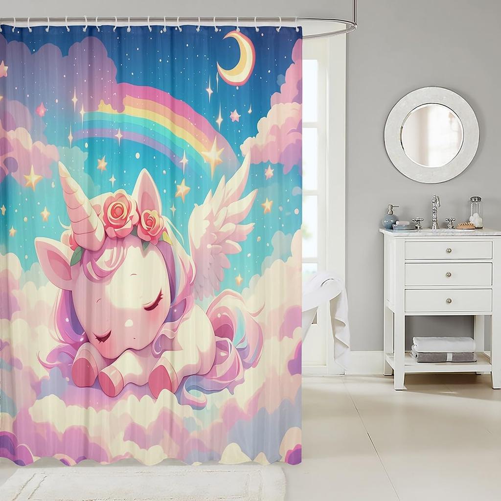 Einhorn Duschvorhang Fantasy Einhorn Thema Badezimmer Duschvorhang Sets Mädchen Mond Galaxie Sternenhimmel Stoff Duschvorhang