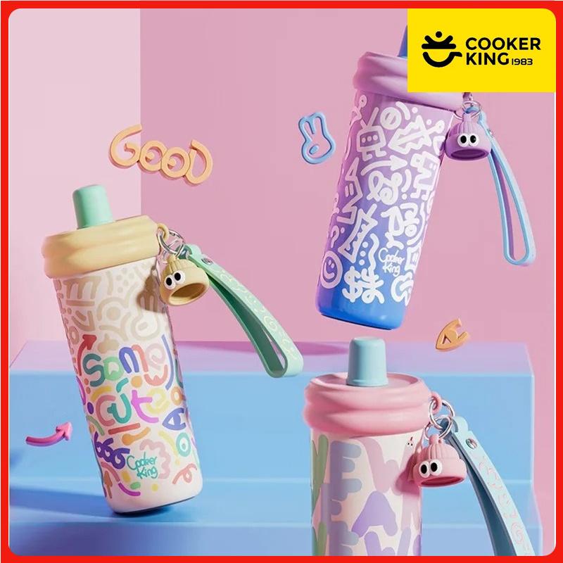COOKER KING Sports Thermos Cup Stainless Steel Water Cup Colorful Patterns Insulated Water Bottle with Straw Hot & Cold Flask