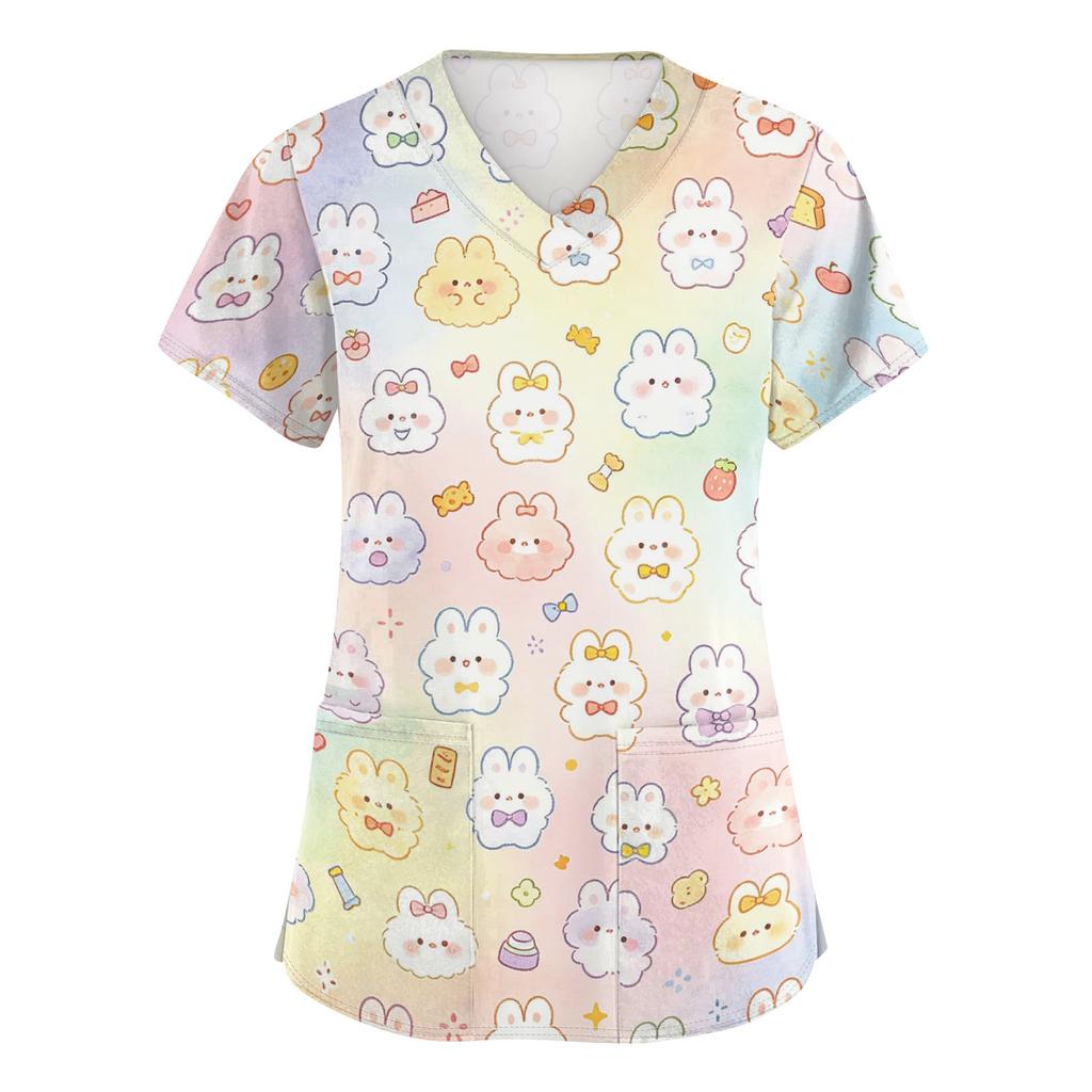 Women V Neck Short Sleeve Work Shirt with Pockets Animal Print Top for Healthcare Professionals Nurses Veterinary Staff