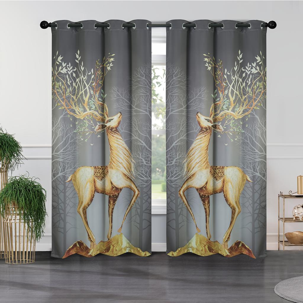 Elk Curtain Symbol Fortune Lucky Digital Print 3D Curtain Living Room Window Kitchen Curtain Bathroom Curtain Grommet Top 2PCS