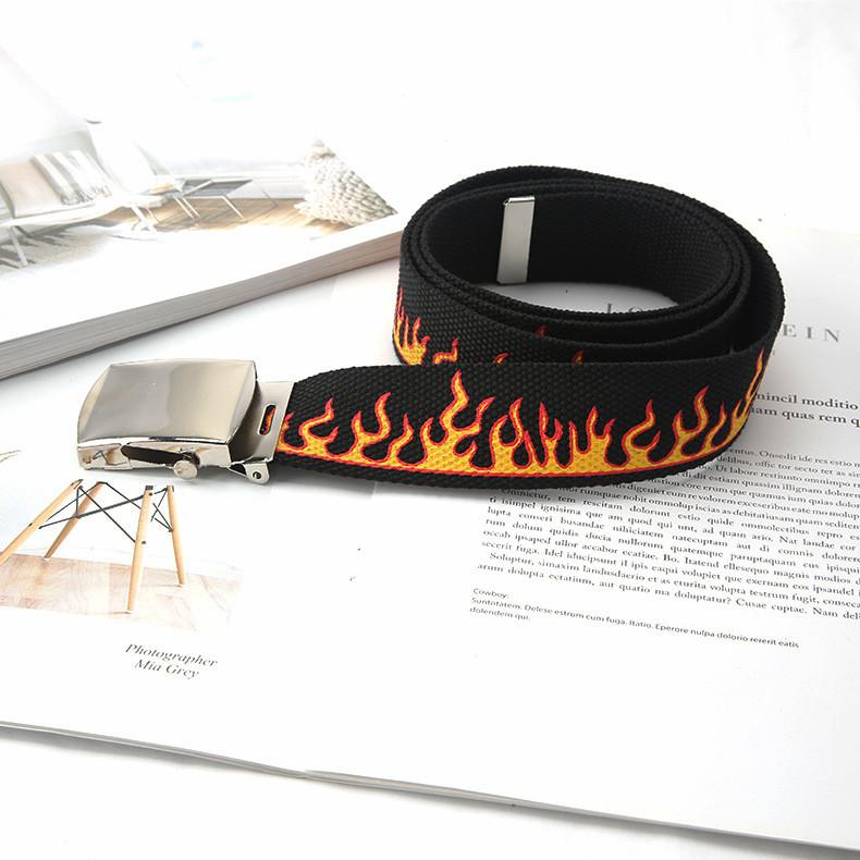 Fashionable Pattern Flame Metal Buckle Decoration Men Casual Woven Canvas Belt