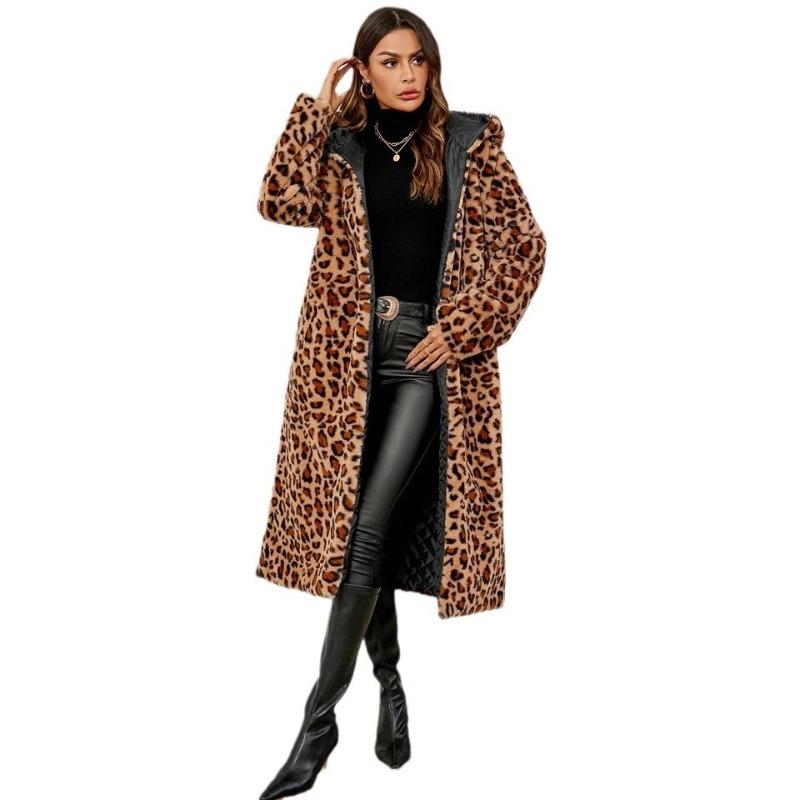 Autumn and Winter Leopard Print Coat Cold-proof Plush Long Women's Hooded Imitation Fur Jacket Top Trench Coat