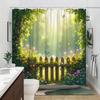 Enchanting Garden Shower Curtain - Wooden Fence & Butterflies, Sunlit Floral Design, 70.8x70.8", Polyester, 12 Hooks
