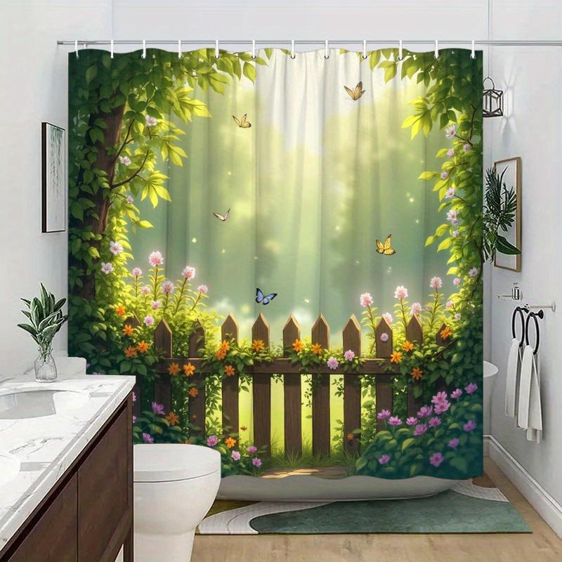Enchanting Garden Shower Curtain - Wooden Fence & Butterflies, Sunlit Floral Design, 70.8x70.8", Polyester, 12 Hooks