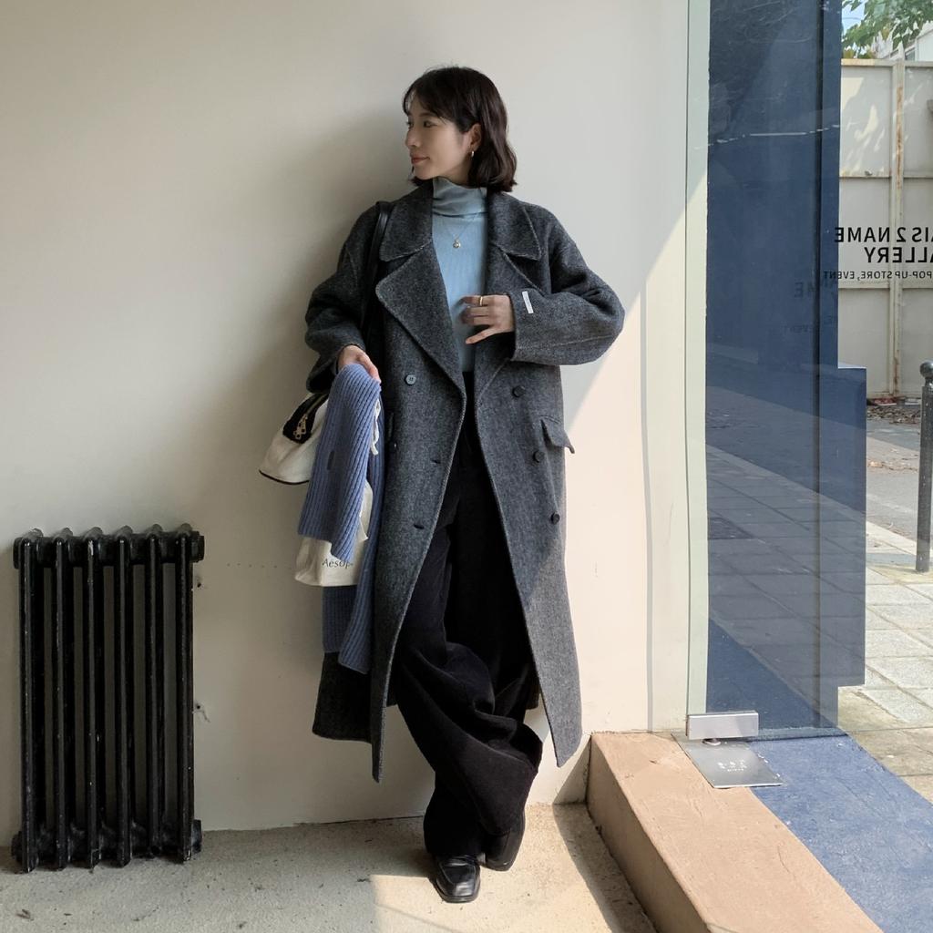 Classic double-breasted herringbone camel wool coat for women's loose and thin casual woolen coat
