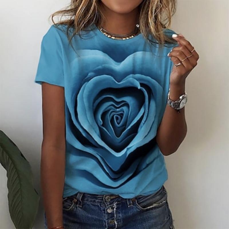 Women's Valentine Rose T Shirt Basic Rose Regular Tops Short Sleeve Round Neck Print Regular Fit Holiday Weekend Pink