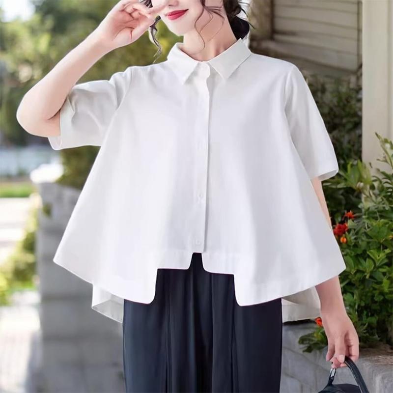 

ZANZEA Women Casual Turn Down Collar Summer Short Sleeve Irregular Blouse білий