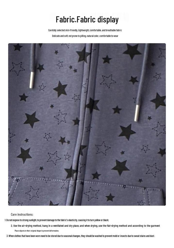 Korean Girls' Star Print Hooded Jacket - Spring/Autumn, Medium-Large, Loose Fit, Zipper Cardigan, Trendy Sweatshirt