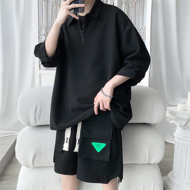 Plus Size Fashion Waffle Loose Casual Men's Sets Simple Turn Down Collar Short Sleeve Polo Shirts and Shorts Streetwear