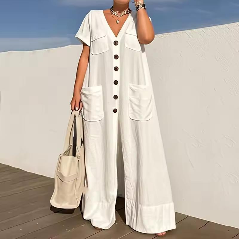 Summer V-neck Single-breasted Women s Jumpsuits Pocket Elegant Office Rompers Casual Loose Oversized Women Jumpsuit XS