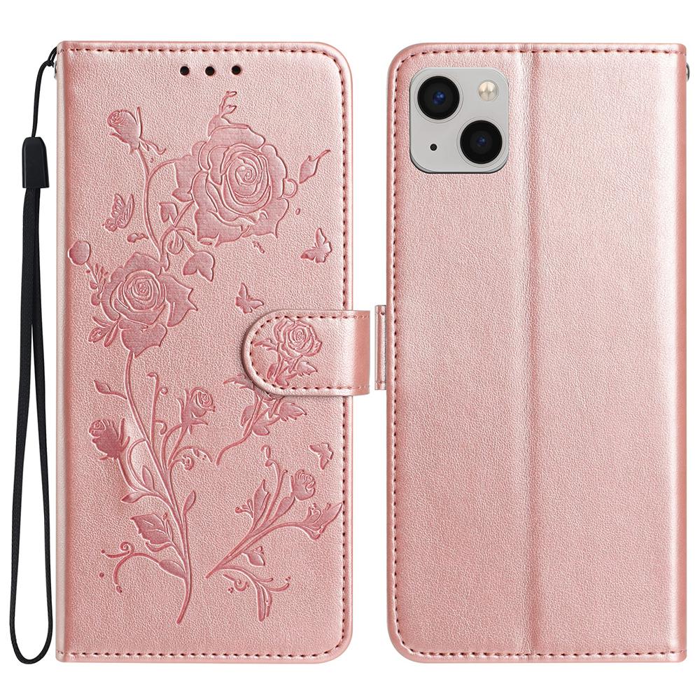 For iPhone 14 Wallet Case Rose Pattern Imprinted Leather Flip Stand Phone Cover