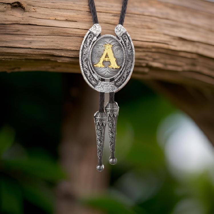 Men Faux Leather Rope Adjustable Bolo Tie Western Metal Initial Letter Pendant Shirt Collar Necktie Jewelry Necklace