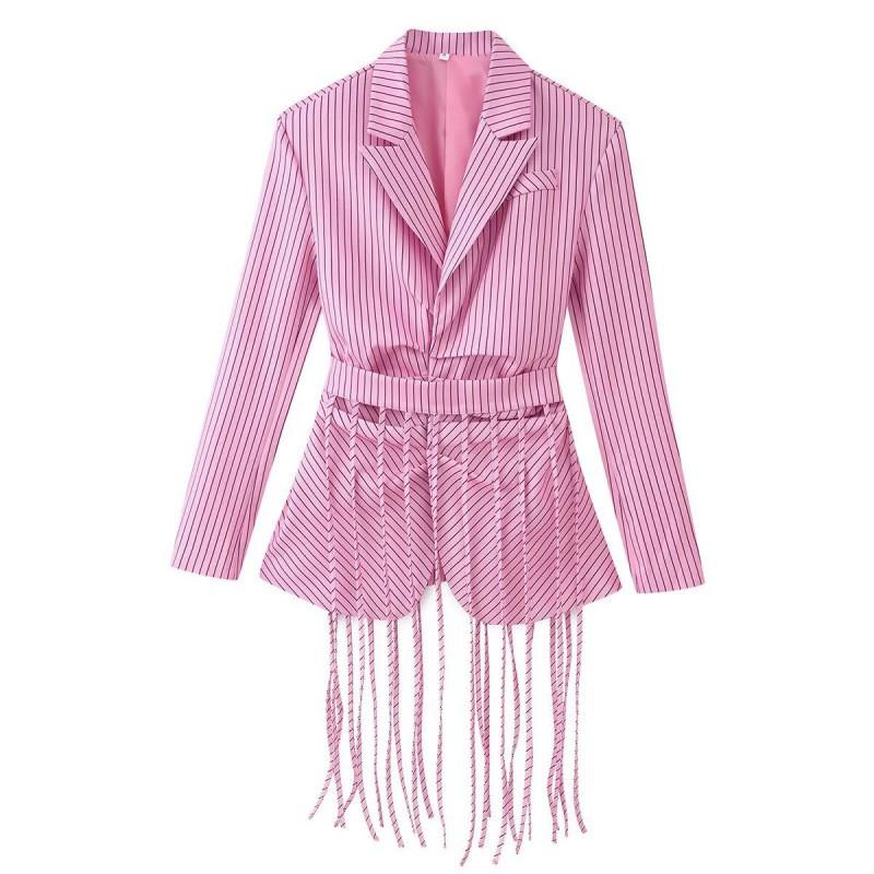 Womens Striped Collared Blazer With Detachable Fringe Belt Cotton Blend Korean Style Jacket