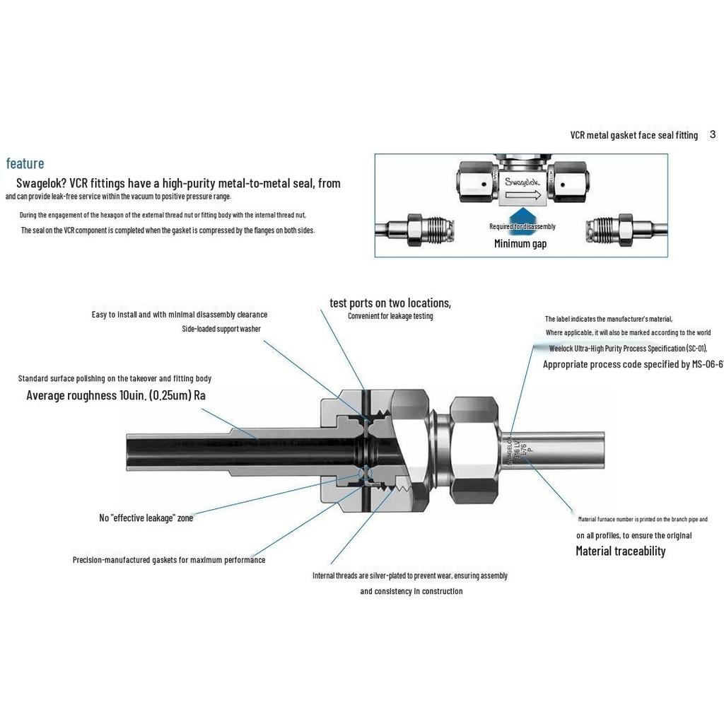 6LV-4-VCR-3-4TB3 Swagelok 316L VAR VCR Długi Pierścień Uszczelniający Złączka do Spawania Rur