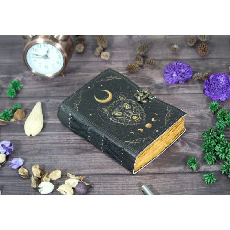 Handmade Leather Journal: Wolf & Moon Embossed Deckle Edge Paper