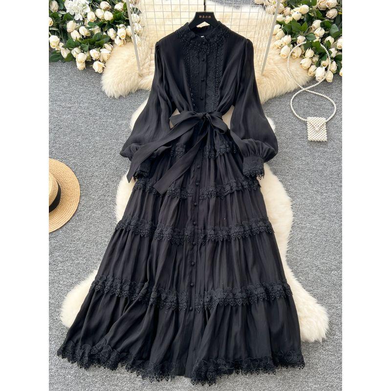 Accessible Luxury French Style Fancy Stand Collar Dress Female Lantern Sleeve Embroider Lace-up Waist-Controlled Design Graceful Long Expansion Skirt