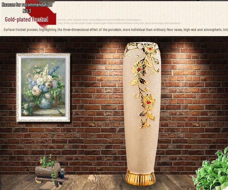 European-Style 60cm Floor-Standing Large Ceramic Vase for Living Room or Entrance Hall - Golden Flower Arrangement Decor
