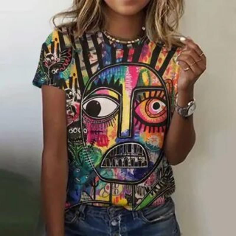 Letní dámské tričko s kulatým výstřihem a 3D abstraktním graffiti potiskem, módní a ležérní tričko s krátkým rukávem