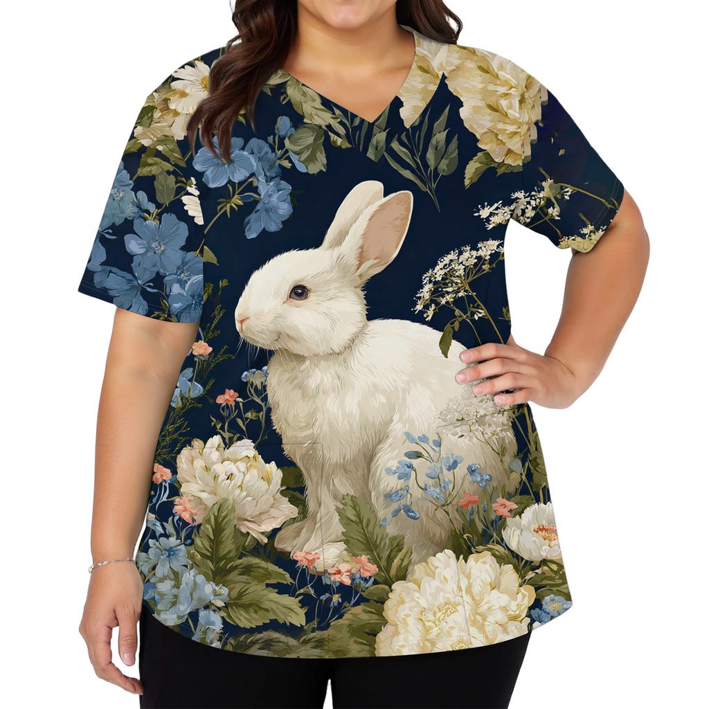 Women's Fashionable V-neck Short-sleeved Work Top With Double Side Slits And Pockets, Featuring Easter Bunny And Egg Prints.