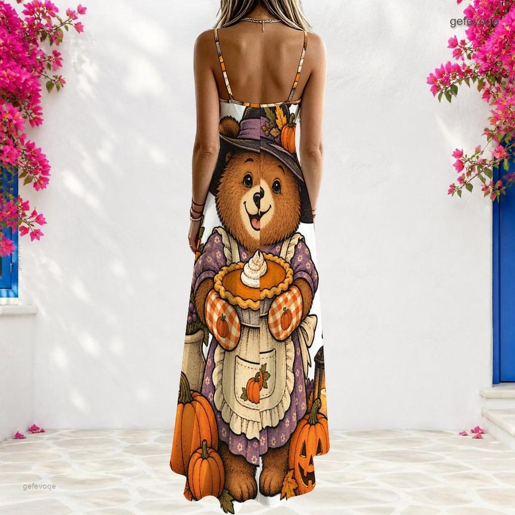 Women Plus Size V Neck Strappy Sleeveless A Line Long Halloween Pumpkin Printed Dress