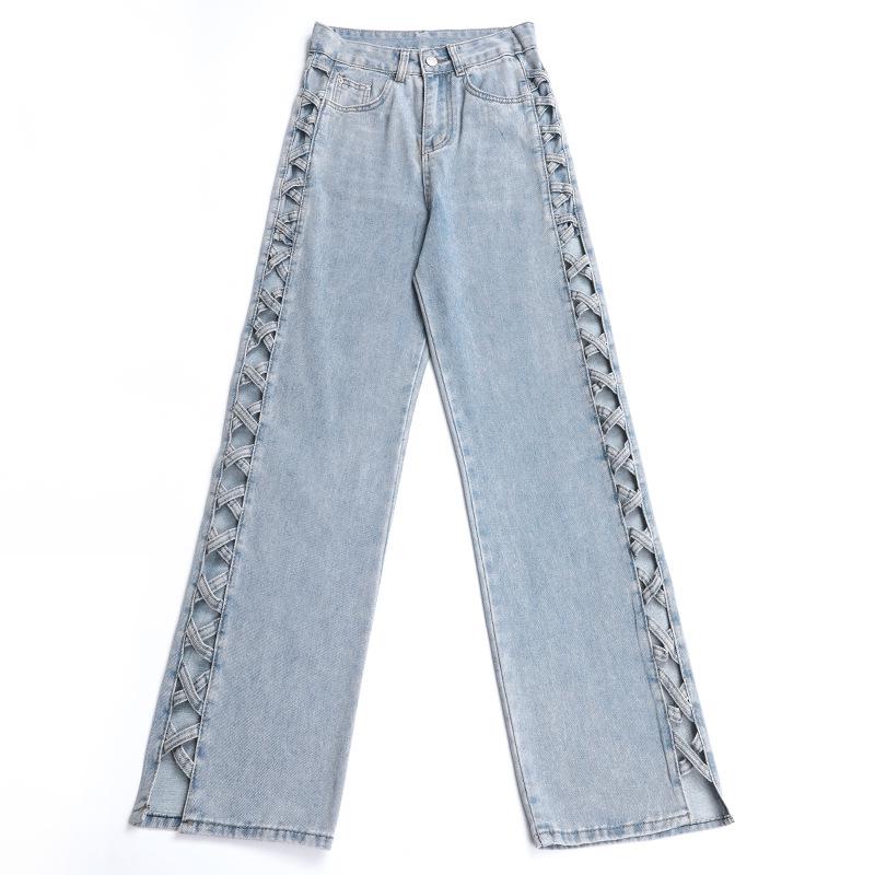 Women's Light Blue Summer Jeans - Stylish Design, Side Hollow, Straight Wide Leg