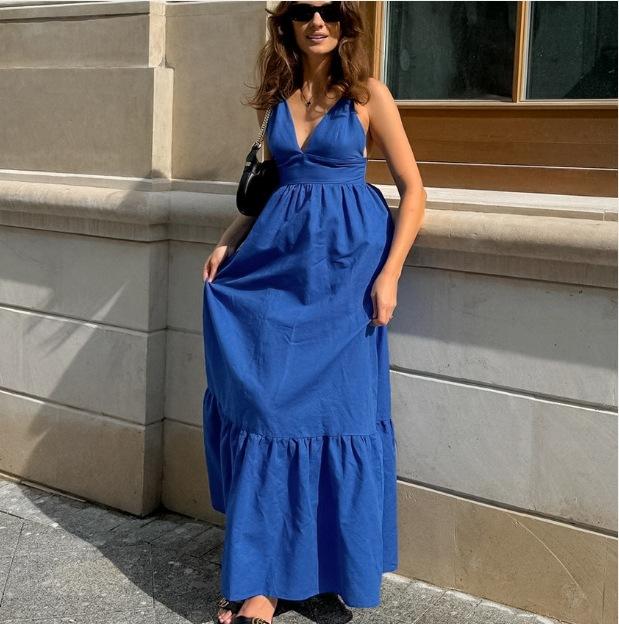 Summer New V-Neck Halter Suspender Sexy Temperament Casual A-Shaped Skirt Long Skirt Women