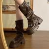 Brown Versatile Thick-soled Heightening Martin Boots Women's 2025 New Autumn American Retro Belt Buckle Medium Tube Fashion Boots