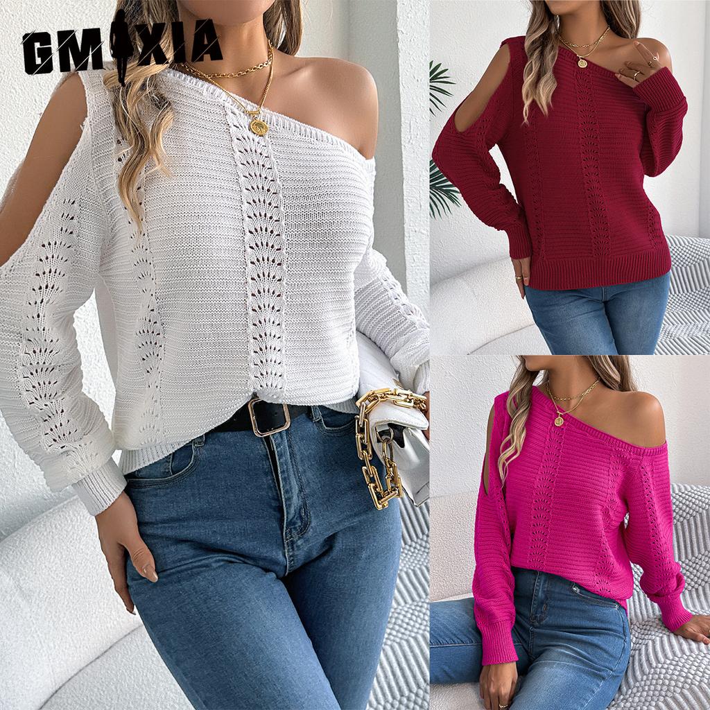 GMXIA Autumn and Winter Casual Solid Color Cut-out Off-the-shoulder Long-sleeved Pullover Sweater for Women