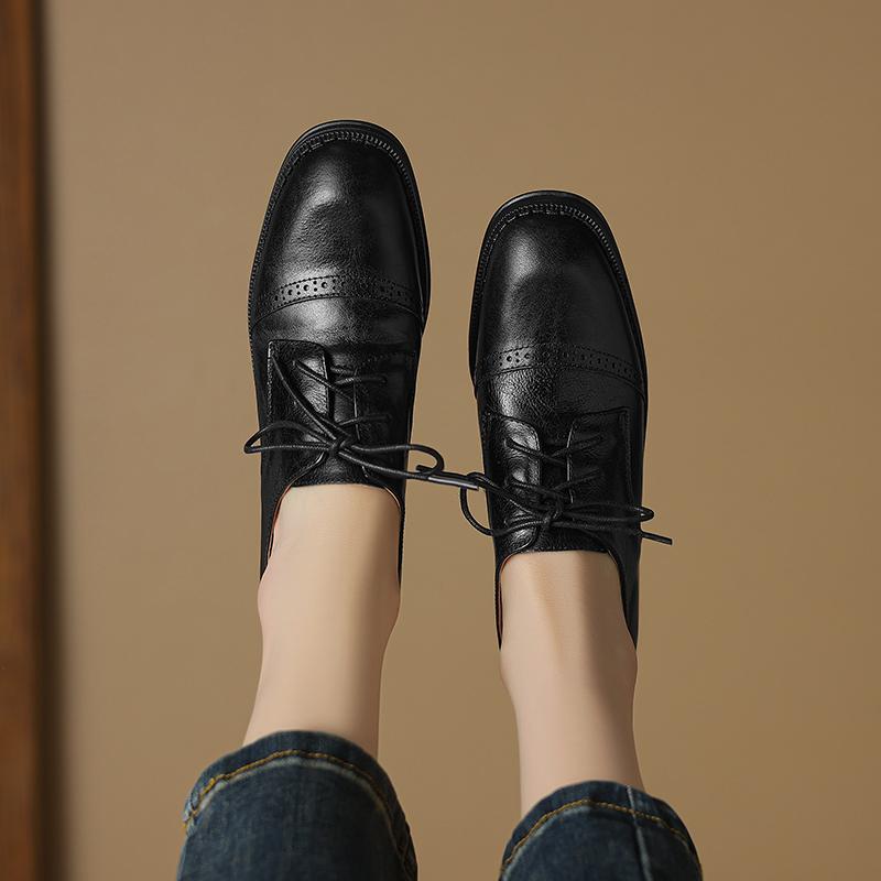 Fashion 2024 New Pumps Oxfords Spring Shoes for Woman Genuine Leather Brogues Vintage Lace Up Loafers Casual Handmade Black Ladies Shoes