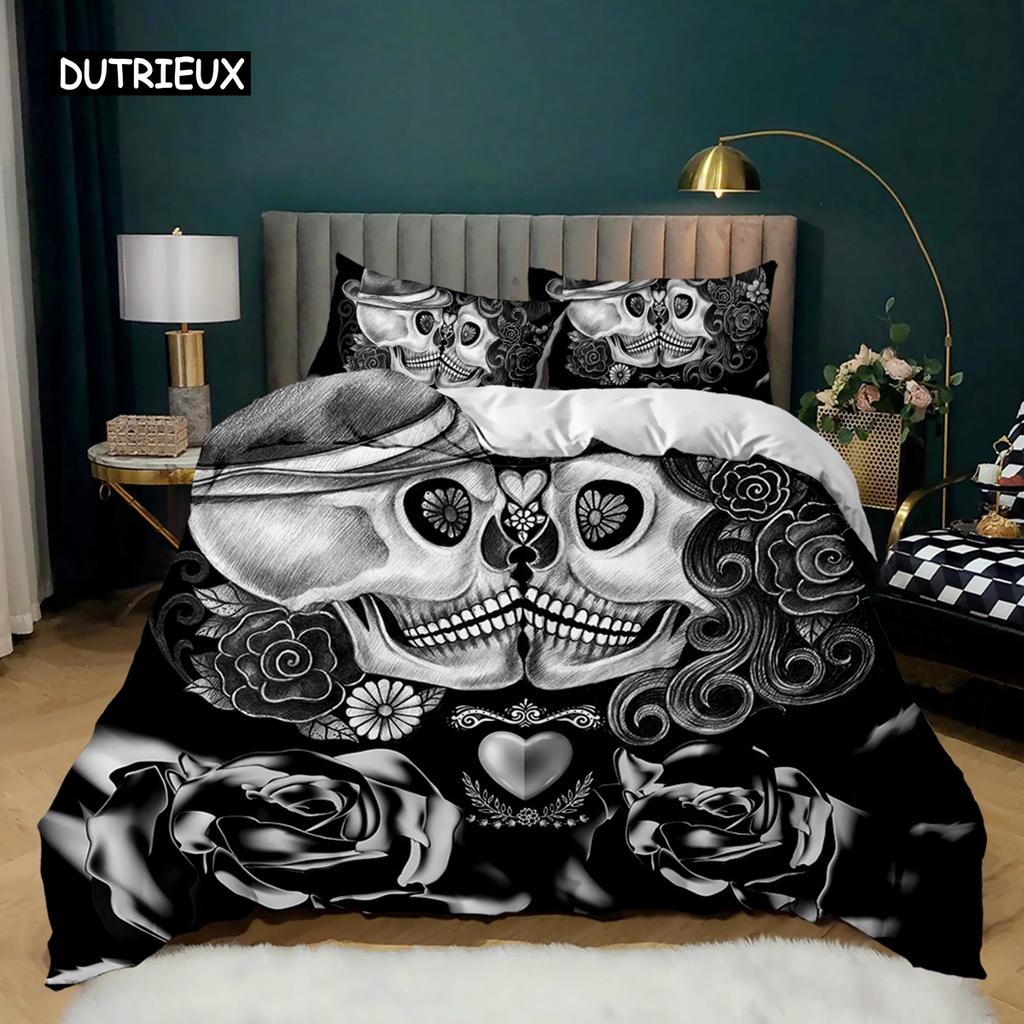 Skull Duvet Cover Set Rose Twin Skeleton Kiss Comforter Cover Teens Gothic Skeleton Double Queen King Size Polyester Qulit Cover
