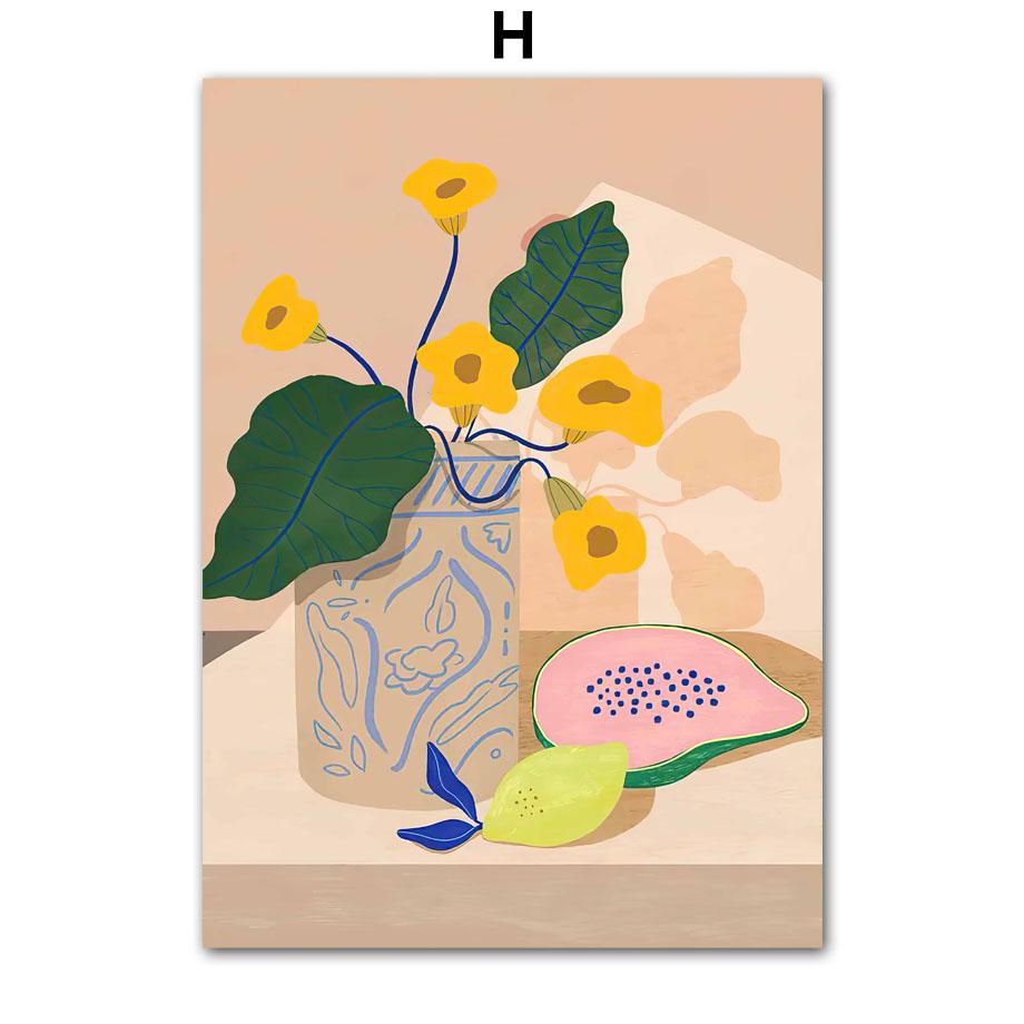Retro Line Girl Lemon Flower LeafVase Abstract Gallery Poster And Prints Wall Art Canvas Painting Pictures For Living Room Decor