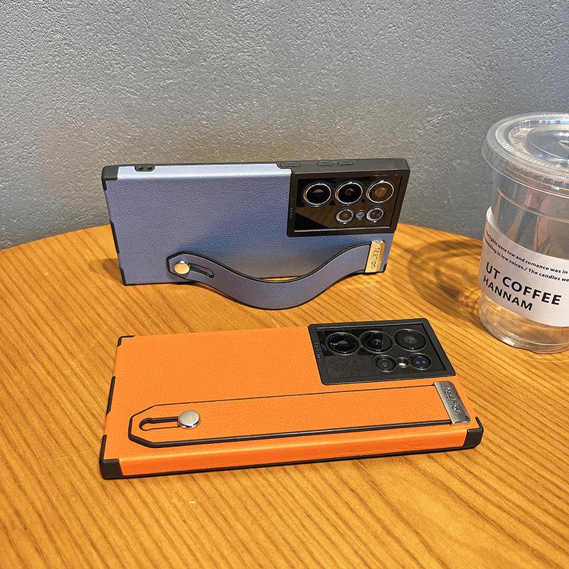 Samsung S23 Ultra Mobile Phone Case Lychee Leather Pattern Suitable for SAMs22ul Anti-fall Full-inclusive Wristband Stand Business Cover