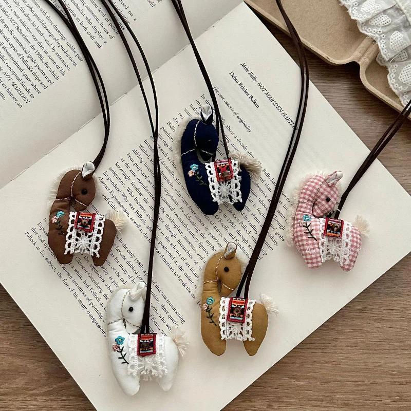 Cute Handmade Embroidery Pony Necklace Soft Fabric Horse Pendant Sweater Chain for Women Daily Outfit Jewelry Gift